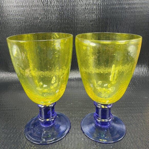 Cadmium UV Glowing Glass Goblets Cups Set 2 Yellow Top Blue Stem Textured Cups - Picture 3 of 16